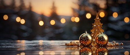 Golden Christmas tree with glowing baubles, shimmering lights, and snowflakes on a magical winter nightの素材