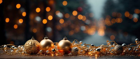 Golden Christmas tree with glowing baubles, shimmering lights, and snowflakes on a magical winter nightの素材