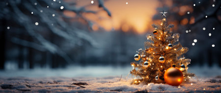 Golden Christmas tree with glowing baubles, shimmering lights, and snowflakes on a magical winter nightの素材