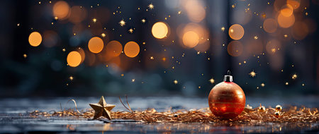 Golden Christmas tree with glowing baubles, shimmering lights, and snowflakes on a magical winter nightの素材