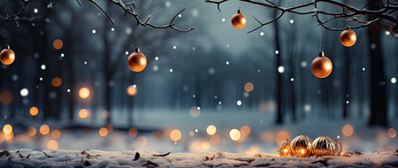 Golden Christmas tree with glowing baubles, shimmering lights, and snowflakes on a magical winter nightの素材