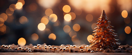 Golden Christmas tree with glowing baubles, shimmering lights, and snowflakes on a magical winter nightの素材