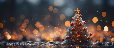 Golden Christmas tree with glowing baubles, shimmering lights, and snowflakes on a magical winter nightの素材