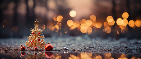 Golden Christmas tree with glowing baubles, shimmering lights, and snowflakes on a magical winter nightの素材