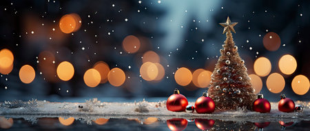 Golden Christmas tree with glowing baubles, shimmering lights, and snowflakes on a magical winter nightの素材