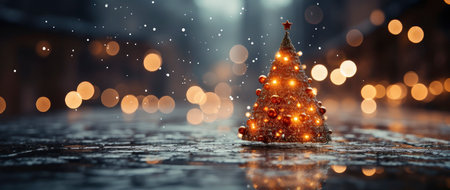 Golden Christmas tree with glowing baubles, shimmering lights, and snowflakes on a magical winter nightの素材
