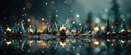 Golden Christmas tree with glowing baubles, shimmering lights, and snowflakes on a magical winter nightの素材