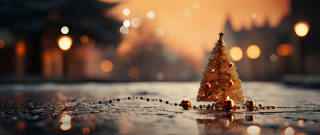 Golden Christmas tree with glowing baubles, shimmering lights, and snowflakes on a magical winter nightの素材