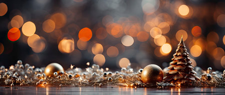 Golden Christmas tree with glowing baubles, shimmering lights, and snowflakes on a magical winter nightの素材