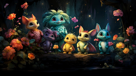 Mystical forest scene with illuminated mushrooms, magical castle, glowing lights, and serene pond reflectionsの素材