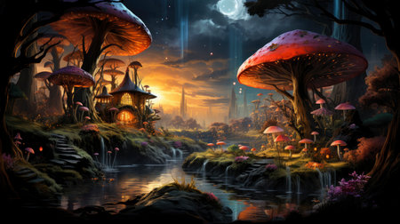 Mystical night landscape with glowing trees, celestial moons, majestic castle, and tranquil bridge over reflective watersの素材