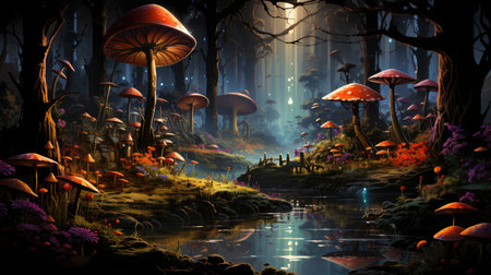 Enchanted forest glows with luminescent mushrooms, serene stream, and magical flora under a twilight canopyの素材