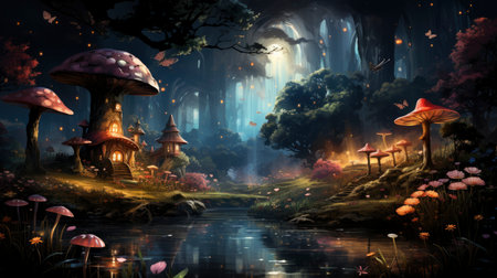 Enchanted forest glows with luminescent mushrooms, serene stream, and magical flora under a twilight canopyの素材