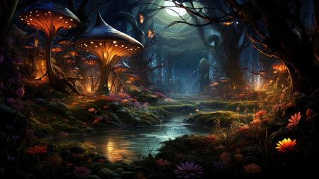 Enchanted forest glows with luminescent mushrooms, serene stream, and magical flora under a twilight canopyの素材