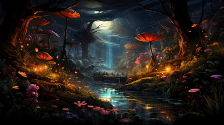 Enchanted forest glows with luminescent mushrooms, serene stream, and magical flora under a twilight canopyの素材