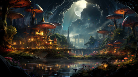 Enchanted forest glows with luminescent mushrooms, serene stream, and magical flora under a twilight canopyの素材