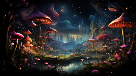 Enchanted forest glows with luminescent mushrooms, serene stream, and magical flora under a twilight canopyの素材