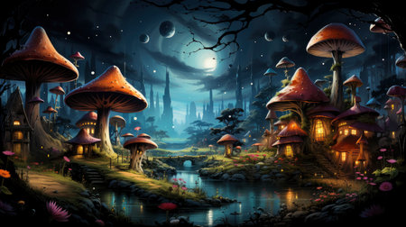 Enchanted forest glows with luminescent mushrooms, serene stream, and magical flora under a twilight canopyの素材