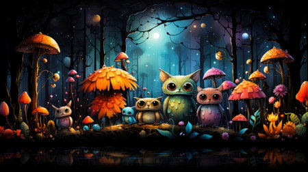Enchanted forest glows with luminescent mushrooms, serene stream, and magical flora under a twilight canopyの素材