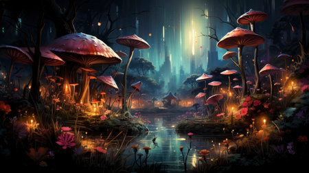 Enchanted forest glows with luminescent mushrooms, serene stream, and magical flora under a twilight canopyの素材