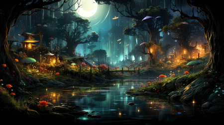 Enchanted forest glows with luminescent mushrooms, serene stream, and magical flora under a twilight canopyの素材