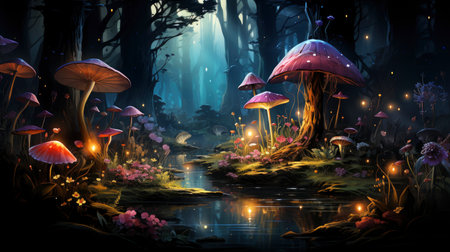 Enchanted forest glows with luminescent mushrooms, serene stream, and magical flora under a twilight canopyの素材