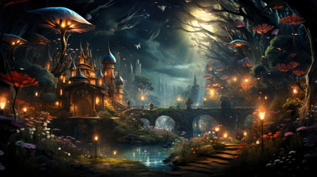 Enchanted forest glows with luminescent mushrooms, serene stream, and magical flora under a twilight canopyの素材