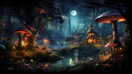 Enchanted forest glows with luminescent mushrooms, serene stream, and magical flora under a twilight canopyの素材