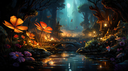 Enchanted forest glows with luminescent mushrooms, serene stream, and magical flora under a twilight canopyの素材