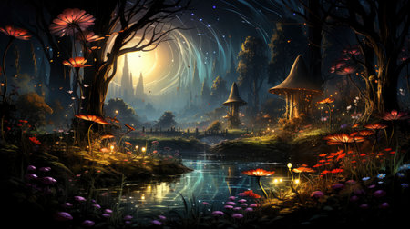Enchanted forest glows with luminescent mushrooms, serene stream, and magical flora under a twilight canopyの素材
