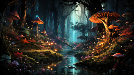 Enchanted forest glows with luminescent mushrooms, serene stream, and magical flora under a twilight canopyの素材