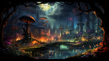 Enchanted forest glows with luminescent mushrooms, serene stream, and magical flora under a twilight canopyの素材