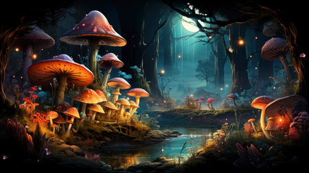 Enchanted forest glows with luminescent mushrooms, serene stream, and magical flora under a twilight canopyの素材
