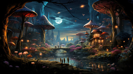 Enchanted forest glows with luminescent mushrooms, serene stream, and magical flora under a twilight canopyの素材
