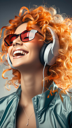 Joyful woman with curly hair enjoying music, headphones on, radiant smileの素材