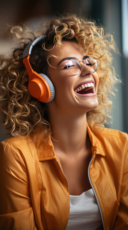 Joyful woman with wavy hair enjoying music, wearing headphones and a light jacket. Close up portraitの素材