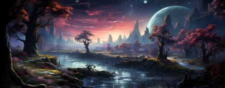 Mystical forest with glowing mushrooms, moonlit night, and ethereal atmosphere, perfect for fantasy-themed projectsの素材