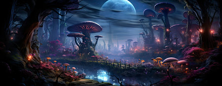 Mystical forest with glowing mushrooms, moonlit night, and ethereal atmosphere, perfect for fantasy-themed projectsの素材