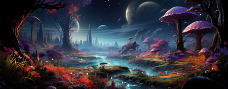 Mystical forest with glowing mushrooms, moonlit night, and ethereal atmosphere, perfect for fantasy-themed projectsの素材