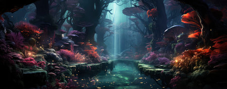 Mystical forest with glowing mushrooms, moonlit night, and ethereal atmosphere, perfect for fantasy-themed projectsの素材