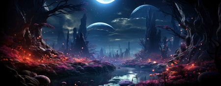 Enchanted woods illuminated by luminescent fungi, bathed in moonlight, exuding a magical ambiance ideal for fantastical endeavorsの素材