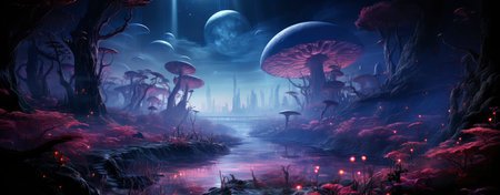 Enchanted woods illuminated by luminescent fungi, bathed in moonlight, exuding a magical ambiance ideal for fantastical endeavorsの素材