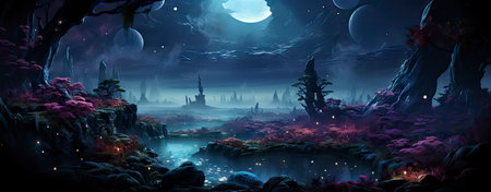 Enchanted woods illuminated by luminescent fungi, bathed in moonlight, exuding a magical ambiance ideal for fantastical endeavorsの素材