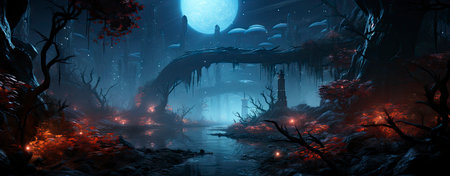 Enchanted woods illuminated by luminescent fungi, bathed in moonlight, exuding a magical ambiance ideal for fantastical endeavorsの素材