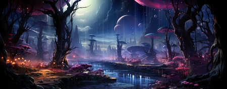 Enchanted woods illuminated by luminescent fungi, bathed in moonlight, exuding a magical ambiance ideal for fantastical endeavorsの素材