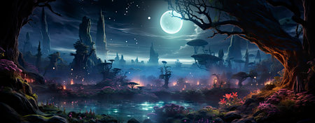 Enchanted woods illuminated by luminescent fungi, bathed in moonlight, exuding a magical ambiance ideal for fantastical endeavorsの素材