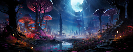 Enchanted woods illuminated by luminescent fungi, bathed in moonlight, exuding a magical ambiance ideal for fantastical endeavorsの素材