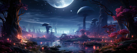 Enchanted woods illuminated by luminescent fungi, bathed in moonlight, exuding a magical ambiance ideal for fantastical endeavorsの素材