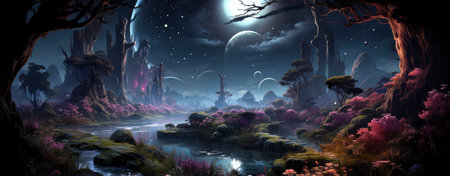 Enchanted woods illuminated by luminescent fungi, bathed in moonlight, exuding a magical ambiance ideal for fantastical endeavorsの素材