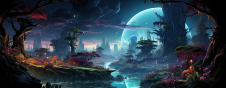 Mystical landscape with glowing trees, moonlit sky, and serene waters in a fantasy world setting. Perfect for dreamy designsの素材